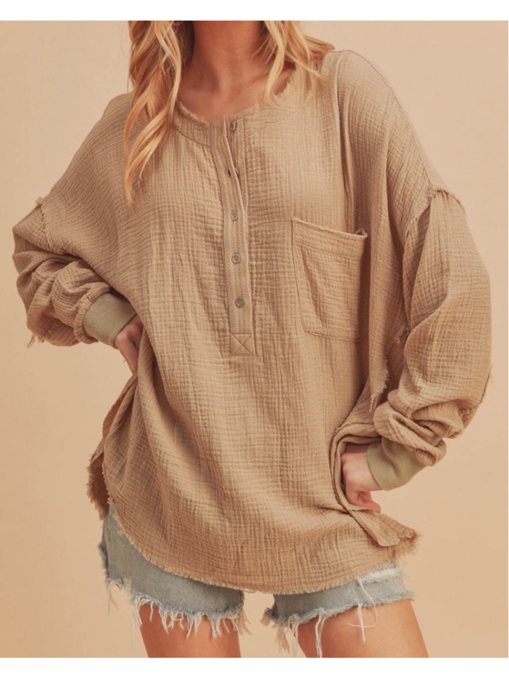 AEMI + CO Large Beige Gauze Henley Top Raw Hem Boho Oversized Long Sleeve